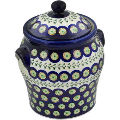 Polish Pottery Jar with Lid and Handles 8&quot; Green Laurel Peacock