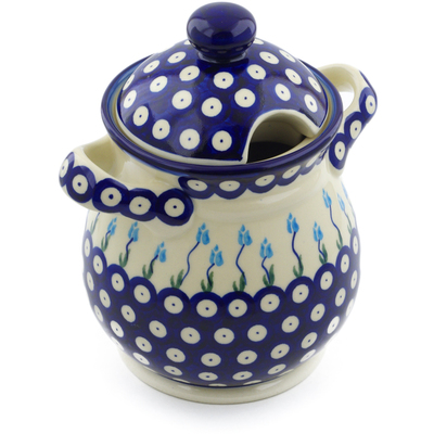 Polish Pottery Jar with Lid and Handles 8&quot; Peacock Tulip Garden
