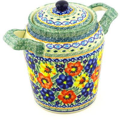 Polish Pottery Jar with Lid and Handles 8&quot; Primary Poppies UNIKAT