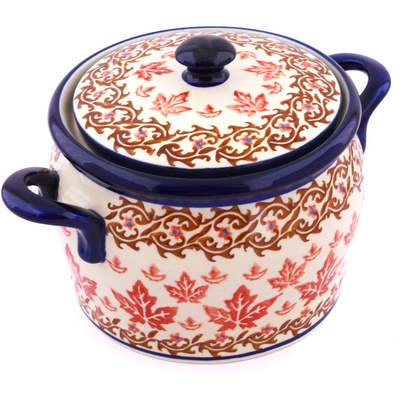 Polish Pottery Jar with Lid and Handles 9&quot; Autumn Leaves