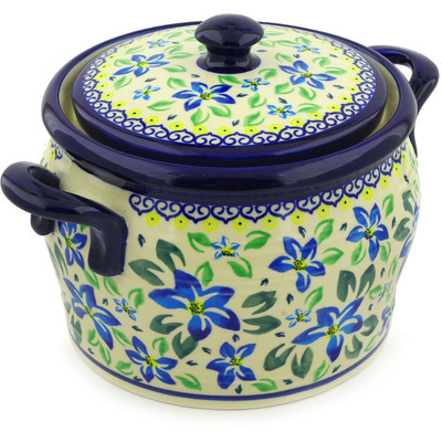 Polish Pottery Jar with Lid and Handles 9&quot; Blue Clematis