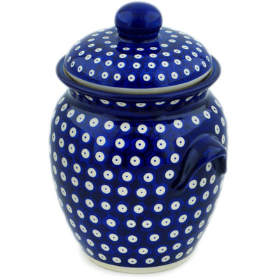Polish Pottery Jar with Lid and Handles 9&quot; Blue Eyed Peacock