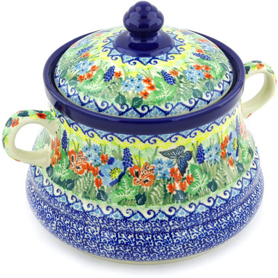 Polish Pottery Jar with Lid and Handles 9&quot; Blue Monarch Garden UNIKAT