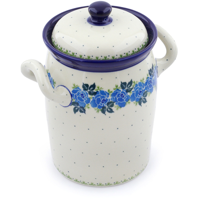Polish Pottery Jar with Lid and Handles 9&quot; Blue Rose
