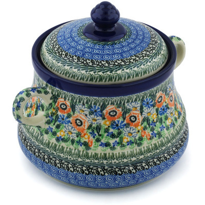 Polish Pottery Jar with Lid and Handles 9&quot; Blue Violet Garden UNIKAT