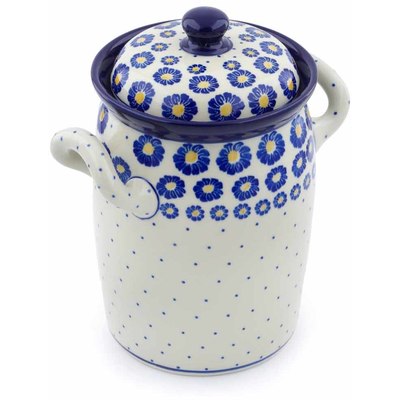 Polish Pottery Jar with Lid and Handles 9&quot; Blue Zinnia