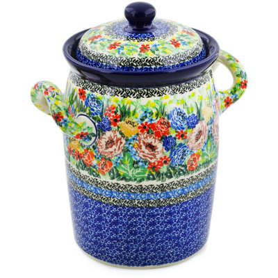 Polish Pottery Jar with Lid and Handles 9&quot; Carnation Valley UNIKAT