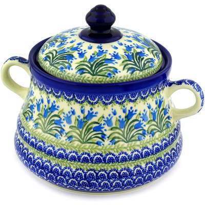 Polish Pottery Jar with Lid and Handles 9&quot; Feathery Bluebells