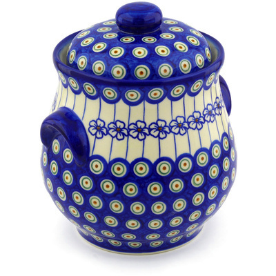 Polish Pottery Jar with Lid and Handles 9&quot; Flowering Peacock