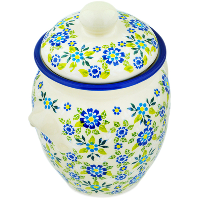 Polish Pottery Jar with Lid and Handles 9&quot; Forget-me-not Field