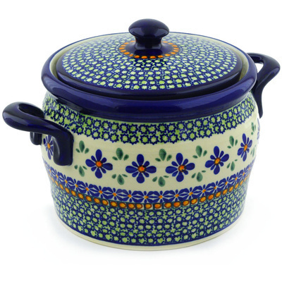 Polish Pottery Jar with Lid and Handles 9&quot; Gingham Flowers