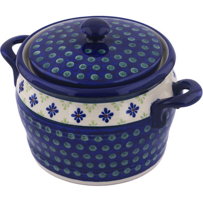 Polish Pottery Jar with Lid and Handles 9&quot; Green Gingham Peacock