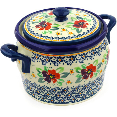 Polish Pottery Jar with Lid and Handles 9&quot; Nightingale Flower