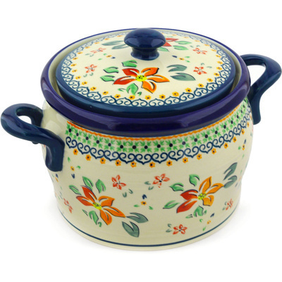 Polish Pottery Jar with Lid and Handles 9&quot; Orange Clematis