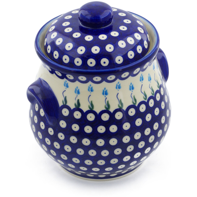 Polish Pottery Jar with Lid and Handles 9&quot; Peacock Tulip Garden