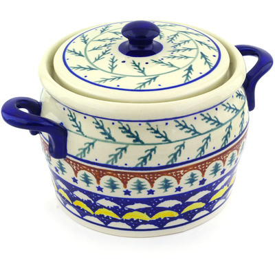 Polish Pottery Jar with Lid and Handles 9&quot; Pine Boughs