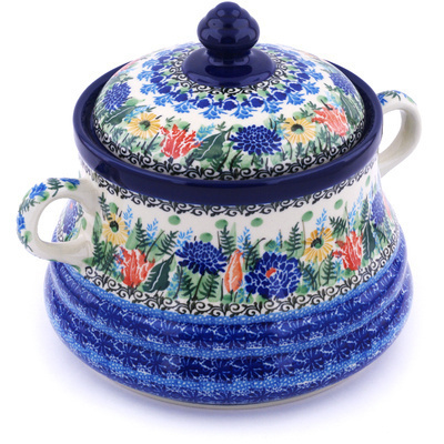 Polish Pottery Jar with Lid and Handles 9&quot; Splendid Blue Bell UNIKAT