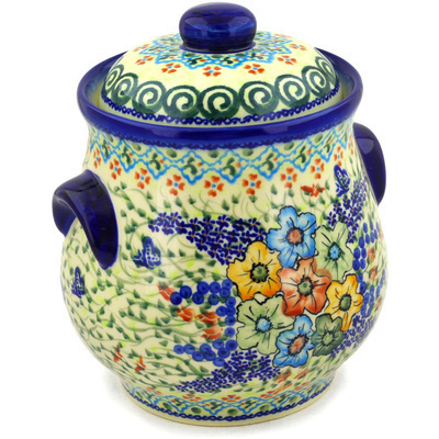 Polish Pottery Jar with Lid and Handles 9&quot; Spring Garden UNIKAT