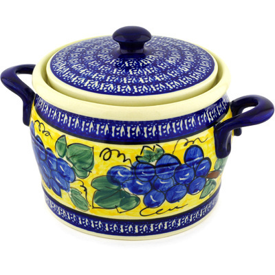 Polish Pottery Jar with Lid and Handles 9&quot; Tuscan Grapes