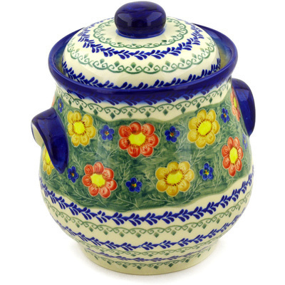 Polish Pottery Jar with Lid and Handles 9&quot; UNIKAT
