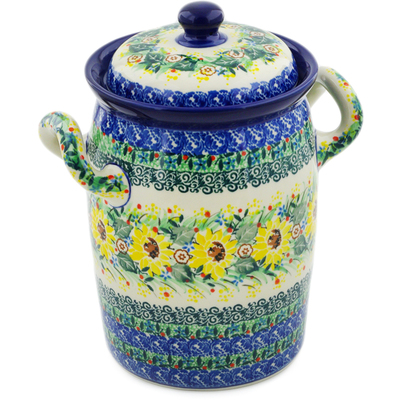 Polish Pottery Jar with Lid and Handles 9&quot; Yellow Garden UNIKAT