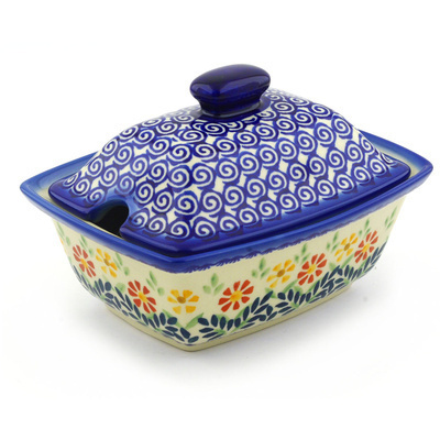 Polish Pottery Jar with Lid with Opening 7&quot; Wave Of Flowers