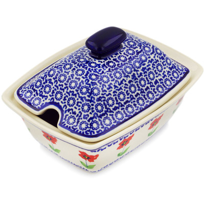 Polish Pottery Jar with Lid with Opening 7&quot; Wind-blown Poppies