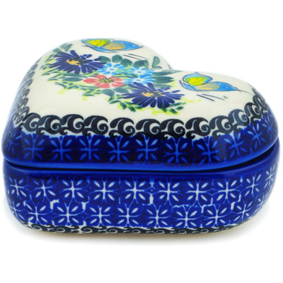 Polish Pottery Jewelry Box 5&quot; Butterfly Flower Bed UNIKAT