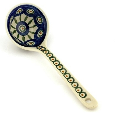 Polish Pottery Ladle 9&quot; Peacock Leaves