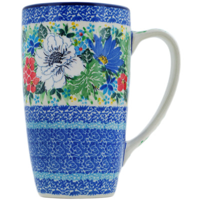 Polish Pottery Latte Mug White Anemone Flowers UNIKAT