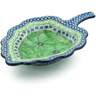 Polish Pottery Leaf Shaped Bowl 11&quot; Green Pansies UNIKAT