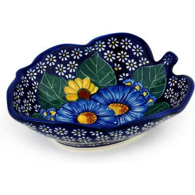 Polish Pottery Leaf Shaped Bowl 7&quot; Floral Fruit Basket UNIKAT