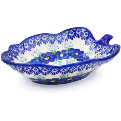 Polish Pottery Leaf Shaped Bowl 8&quot; Blue Wildflower UNIKAT
