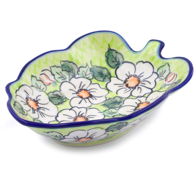 Polish Pottery Leaf Shaped Bowl 8&quot; White Flower Bouquet