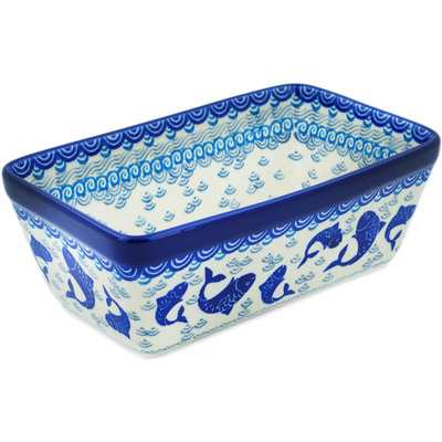 Polish Pottery Loaf Pan 8&quot; Blue Herring Waters