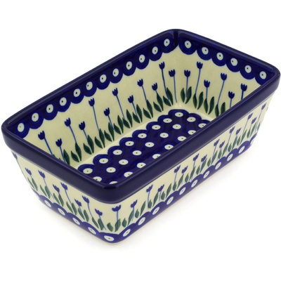 Polish Pottery Loaf Pan 8&quot; Blue Tulip Peacock