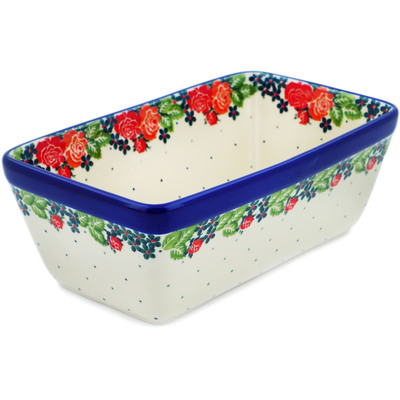 Polish Pottery Loaf Pan 8&quot; In The Rose Garden
