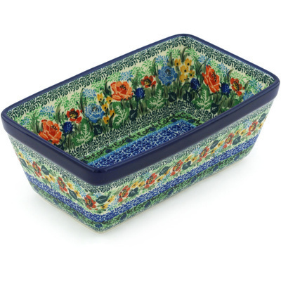 Polish Pottery Loaf Pan 8&quot; Roses In Blue UNIKAT