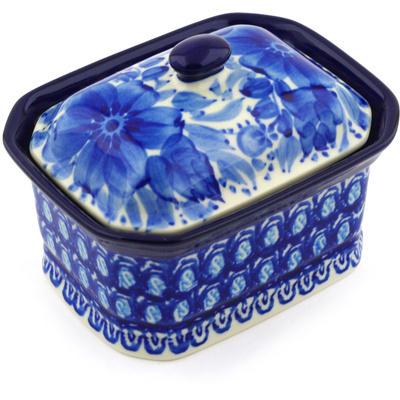 Polish Pottery Mini Cake Box 4&quot;, Salt Box, Bleu Boquet UNIKAT