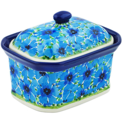 Polish Pottery Mini Cake Box 4&quot;, Salt Box, Blue Bachelor Buttons UNIKAT