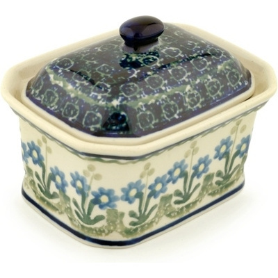 Polish Pottery Mini Cake Box 4&quot;, Salt Box, Blue Daisy Circle