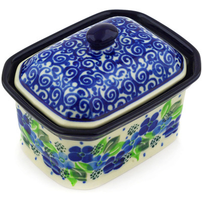 Polish Pottery Mini Cake Box 4&quot;, Salt Box, Blue Phlox