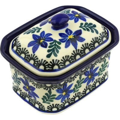 Polish Pottery Mini Cake Box 4&quot;, Salt Box, Blue Violets