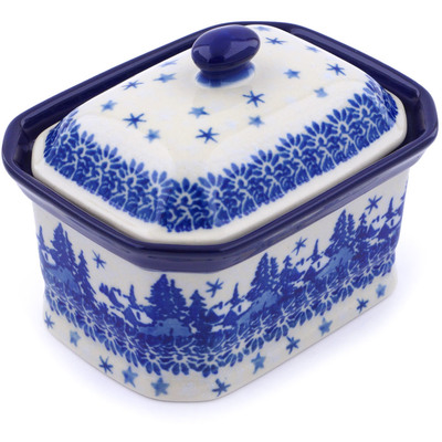Polish Pottery Mini Cake Box 4&quot;, Salt Box, Blue Winter