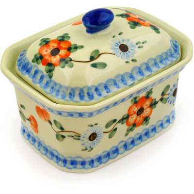 Polish Pottery Mini Cake Box 4&quot;, Salt Box, Cherry Blossoms