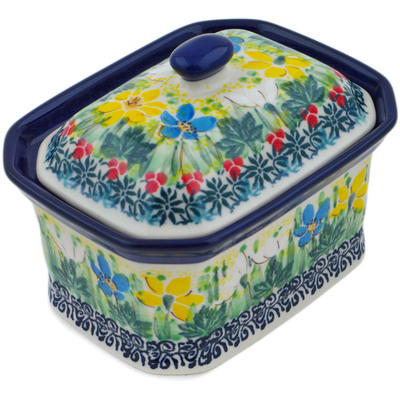 Polish Pottery Mini Cake Box 4&quot;, Salt Box, Dandy Daffodils UNIKAT