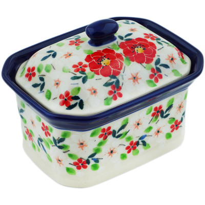 Polish Pottery Mini Cake Box 4&quot;, Salt Box, Festive Mistletoe UNIKAT