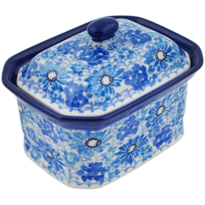 Polish Pottery Mini Cake Box 4&quot;, Salt Box, Light Blue Misty Dragonfly