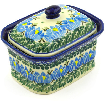 Polish Pottery Mini Cake Box 4&quot;, Salt Box, Lotus Blossom