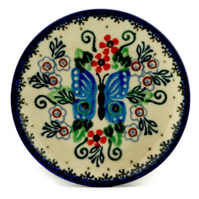 Polish Pottery Mini Plate, Coaster plate Blue Butterfly Brigade UNIKAT